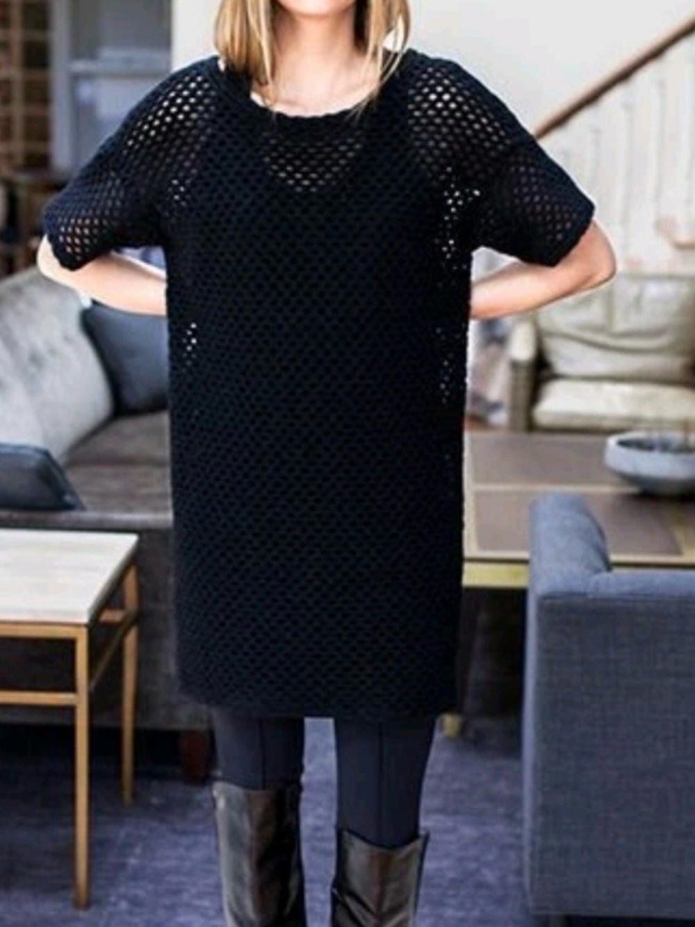 Emerson Fry Black Open-Knit Shift Dress